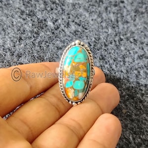 Oyster Copper Turquoise Ring: Handmade 925 Sterling Silver Boho Ring