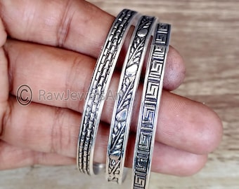 Sterling Silver Bangle Set: Leaf, Greek Key, West Indian Bangles