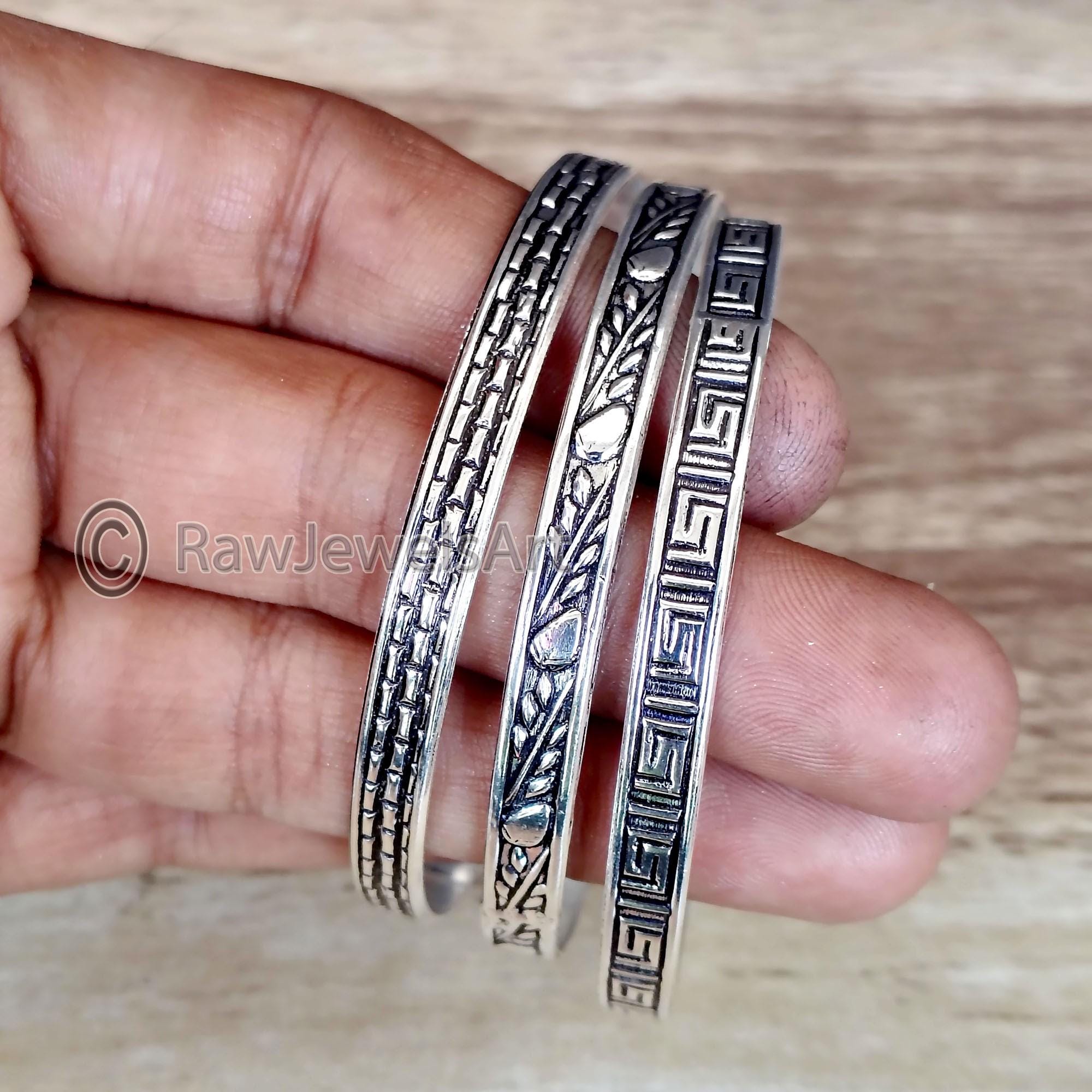Sterling Silver Bangle Set: Leaf, Greek Key, West Indian Bangles