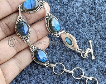 Blue Labradorite 925 Sterling Silver Bracelet: Handmade Gemstone Jewelry