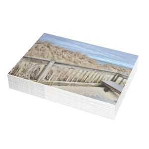 Küstendüne-Bank Postkarte, ruhige Ozeanansicht & Strandgras-Fotografie
