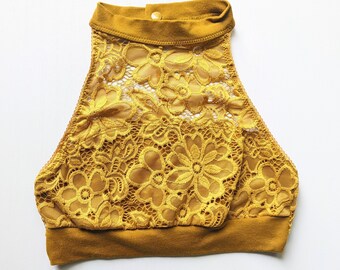 Mustard Gold Lace Crop Top - Floral Print Lace Halter - Comfortable Choker - Summer Festival Outfit - Handmade in Oregon