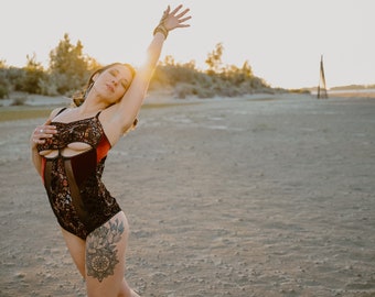 Earthy Burnout Velvet Bodysuit – Handmade Mesh Lingerie, Festival Onesie