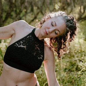 Black Floral Lace Halter Crop Top - Modern Gothic, Made to Order