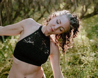 DEA - Women's Black Crop Top - Floral Lace Top - Modern Gothic Clothing - Elegant Lace Crop Top - Sexy Tops - Halter Top - Made to Order