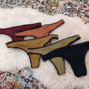 5 Set - Bamboo Thong Panties - Scalloped Trim - Cheeky Low-rise - XS-4X - Gift For Her - Eco Fashion - Body Friendly - Custom Made to Order