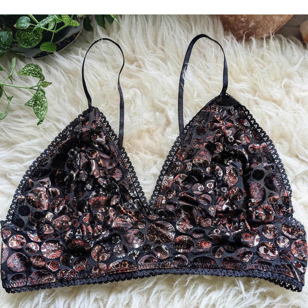 Brown Paisley Velvet Bralette Handmade Adjustable Bra