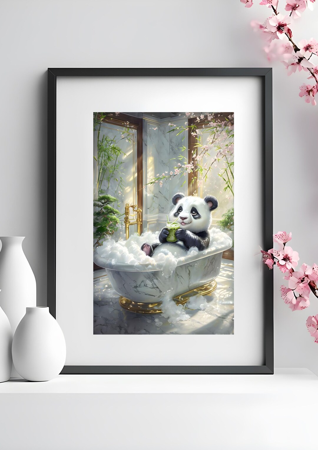 Cozy Panda Digital Wall Art – Cute Panda in Bubble Bath Drinking Matcha ...