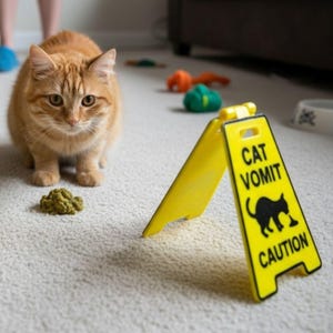 May include: An orange tabby cat sits on a light-colored carpet, with two yellow "Cat Vomit Caution" signs in front of it. The signs have a black cat graphic. Text above the cat reads "Purrfectly Practical! Your Cat Needs These!"