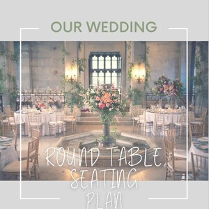 May include: A wedding reception seating plan with the text "OUR WEDDING ROUND TABLE SEATING PLAN" in a white font on a gray background. The image shows a large room with a fountain in the center and round tables with white linens and gold chairs.