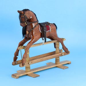 Hand Carved Mahogany Rocking Horse – Miniature Dolls House Nursery Decor (Large Size) L55