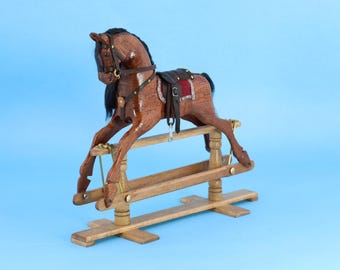 Hand Carved Mahogany Rocking Horse – Miniature Dolls House Nursery Decor (Large Size) L55