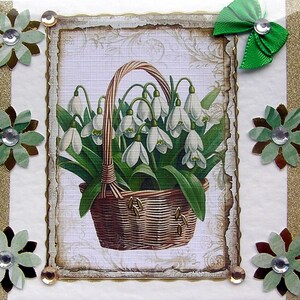 Sneeuwklokjes in rieten mand, handgemaakte wenskaart decoupage, blanco (2844) gelaagde kaart, beterschapskaart, verjaardagskaart, sympathie, lente