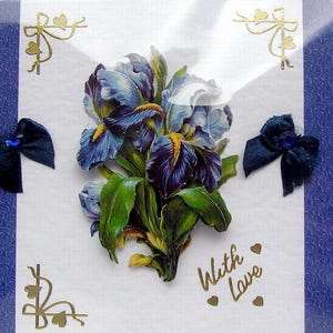 Fleur d'iris bleu, carte de voeux de découpage 3D fabriquée à la main, avec amour (2873), carte à superpositions, carte de rétablissement, carte d'anniversaire, carte de fleurs