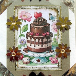 Pastel de chocolate - Tarjeta con decoupage hecha a mano "en blanco" (2786), tarjeta de cumpleaños, tarjeta en capas, cumpleaños, repostería, aniversario, fiesta