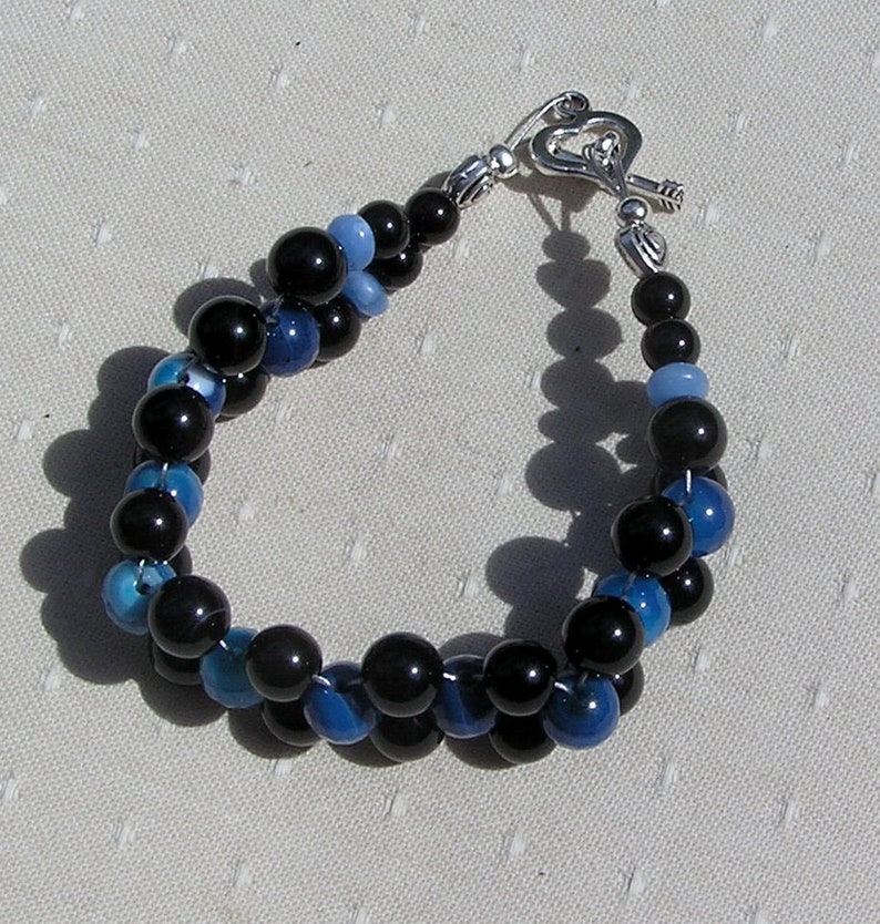 Black Onyx & Blue Jade Crystal Gemstone Woven Beaded Bracelet Neptune, Chakra Bracelet, Black Bracelet, Blue Bracelet, Woven Bracelet image 2