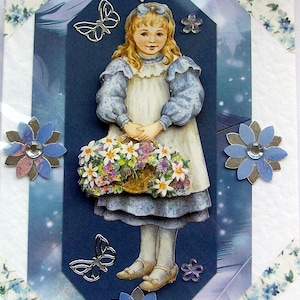 Bloemenmeisje handgemaakte 3D-wenskaart decoupage blanco (2764), verjaardagskaart, gelaagde kaart, liefde, gefluister, romantisch, date night, zus