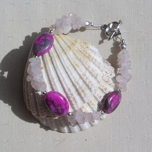 Pink Rhodonite & Rose Quartz Gemstone Beaded Bracelet &quot;Rosalee&quot;, Quartz Bracelet, Love Bracelet, Chakra Bracelet, Pink Bracelet, Artisan