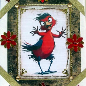 Pájaro rojo bailando cómico - Tarjeta de decoupage hecha a mano - En blanco para cualquier ocasión (2778) Pájaro, Naturaleza, Cumpleaños, Vida salvaje, Ornitología, Divertido