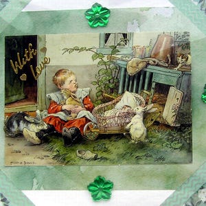 Junges Kind hütet die Kaninchen - handgemachte 3D-Decoupage-Grußkarte - leer (2814) Geburtstagskarte, geschichtete Karte, Liebe, Landschaft