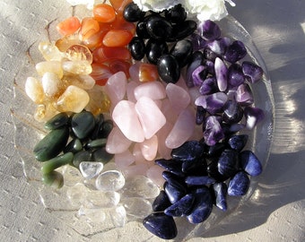 Chakra Set - 2 of Each Crystal - 16 Polished Crystal Tumblestones, Rose Quartz, Amethyst, Citrine, Carnelian, Sodalite, Chalcedony, Obsidian