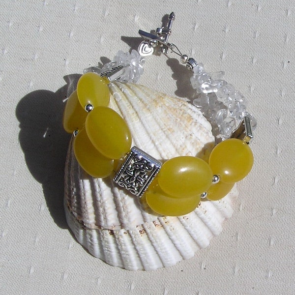 Yellow Jade & Clear Quartz Gemstone Crystal Chunky Bracelet "Sunflower Dew", Jade Bracelet, Libra Bracelet, Yellow Bracelet, Chakra Bracelet
