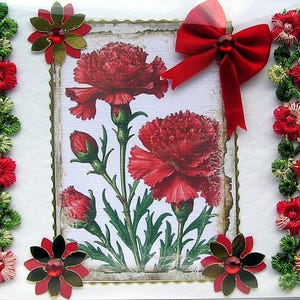 Oeillet rouge en fleurs, carte de voeux de découpage fabriquée à la main, carte vierge (2812) superposition, carte de rétablissement, carte d'anniversaire, sympathie