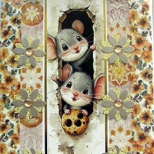 Hand Crafted Decoupage Card, Playful Mice with Cookie, Blank (100mm x 147mm) - 3787 - Birthday