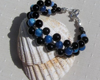 Black Onyx & Blue Jade Crystal Gemstone Woven Beaded Bracelet "Neptune", Chakra Bracelet, Black Bracelet, Blue Bracelet, Woven Bracelet