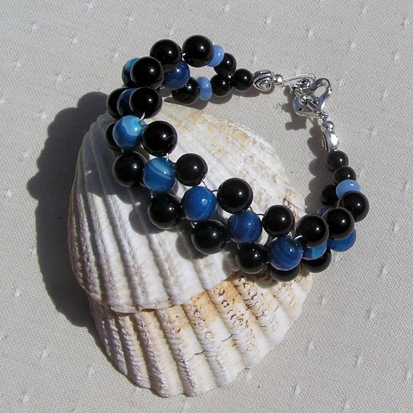 Black Onyx & Blue Jade Crystal Gemstone Woven Beaded Bracelet "Neptune", Chakra Bracelet, Black Bracelet, Blue Bracelet, Woven Bracelet