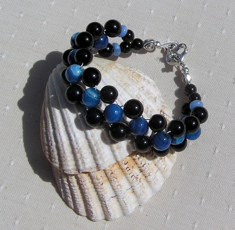 Black Onyx & Blue Jade Crystal Gemstone Woven Beaded Bracelet Neptune, Chakra Bracelet, Black Bracelet, Blue Bracelet, Woven Bracelet image 1