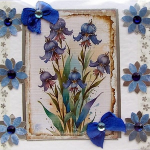 Fleurs campanules bleues, carte de voeux de découpage fabriquée à la main, carte multicouche vierge (2883), carte de rétablissement, carte d'anniversaire, sympathie, printemps