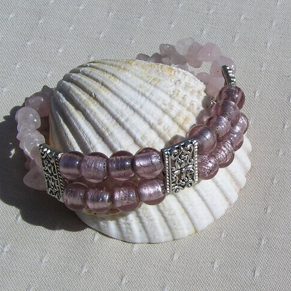 Gemstone Crystal Bracelet, Rose Quartz & Pink Silver Foil Beaded  "Simply Pink"