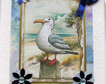 Comical Seagull Bird - Hand Crafted Decoupage Card - Blank for any Occasion (2582) Bird, Nature, Birthday, Wildlife, Ornithology, Seaside