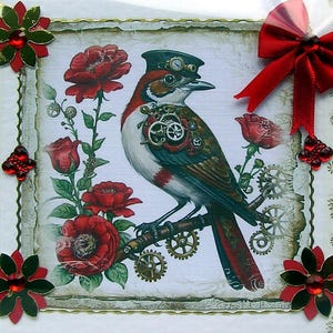 Urraca Steampunk roja con rosas rojas - Tarjeta de decoupage hecha a mano - En blanco (2870) Aves, Naturaleza, Cumpleaños, Fauna, Ornitología, Divertido