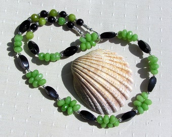 Black Onyx & Green Peridot Crystal Gemstone Statement Necklace "Lime Crush", Green Necklace, Chakra Necklace, Onyx Necklace, Artisan, Unique