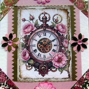 Montre à gousset ornée de roses roses - carte de voeux de découpage fabriquée à la main - vierge (2 800), carte d'anniversaire, carte en couches, heure, antiquité, maman. Sœur