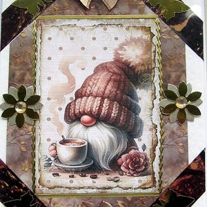 Tasse Kaffee-Wichtel - Handgefertigte Decoupage-Grußkarte, blanko für jeden Anlass (2825), Geburtstagskarte, Märchenkarte, Layering-Karte, Cafe