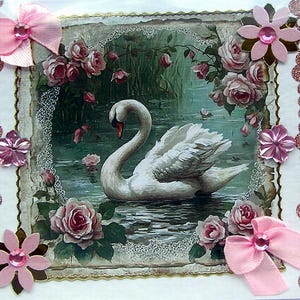 Cisne blanco, pájaro salvaje - Tarjeta de felicitación hecha a mano con decoupage - En blanco para cualquier ocasión (2846) Aves, Naturaleza, Día del Padre, Vida silvestre, Jardín