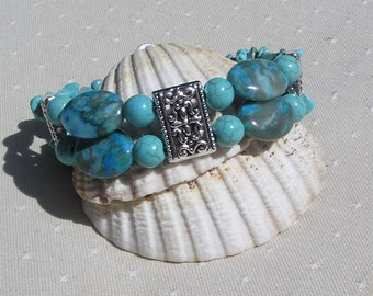 Blue Agate & Turquoise Magnesite Gemstone Chunky Cuff Bracelet "Tropical Dream", Blue Bracelet, Chakra Bracelet, Beach Bracelet, Chunky