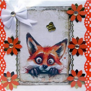 Raposa Vermelha Inquisitiva - Cartão de Saudações em Decoupage Feito à Mão - Em Branco para Qualquer Ocasião (2867) Animal, Natureza, Cartão de Aniversário, Vida Selvagem, Floresta