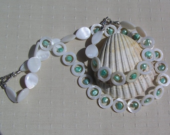 SALE - Shell Necklace & Bracelet Set, Freshwater Pearl and White Mother of Pearl "Orbit" Pearl Necklace, Pearl Bracelet, Aqua Pearl, Twinset