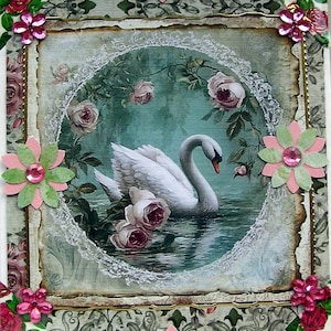 Cisne blanco, pájaro salvaje - Tarjeta de felicitación hecha a mano con decoupage - En blanco para cualquier ocasión (2845) Aves, Naturaleza, Día del Padre, Vida silvestre, Jardín