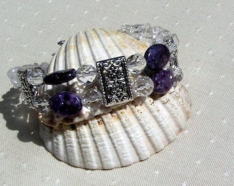 Purple Lepidolite & Clear Quartz Crystal Gemstone Bracelet "Purple Peace" Purple Bracelet, Chakra Bracelet, Pisces Bracelet, Quartz Bracelet