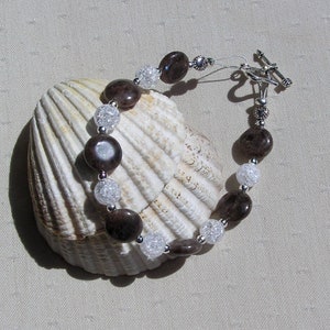 Brown Labradorite & Crackled Quartz Gemstone Bracelet, Silver Heart Clasp