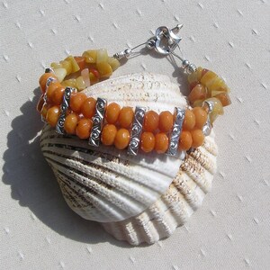Orange Jade Gemstone Crystal Beaded Cuff Bracelet, Tibetan Silver Accents