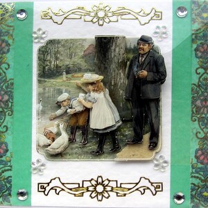 Die Enten füttern mit Papa - Handgefertigte 3D Decoupage Grußkarte - Rohlos (2815) Geburtstagskarte, Lagenkarte, Liebe, Landschaft, Picknick
