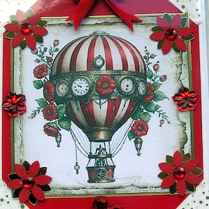 Roter Steampunk Heißluftballon handgefertigte Decoupage Grußkarte - leer (2869), Geburtstagskarte, Geschichtete Karte, Liebe, Romantisch, Fliegend