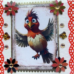 Pájaro pollo volador divertido - Tarjeta de decoupage hecha a mano - En blanco para cualquier ocasión (2777) Pájaro, Naturaleza, Cumpleaños, Vida salvaje, Ornitología, Granja