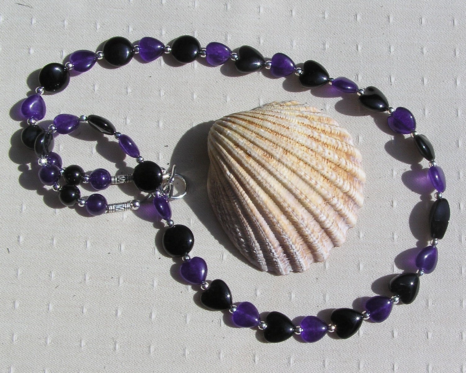 Black Onyx & Purple Amethyst Crystal Gemstone Statement Heart Beaded Necklace, Amethyst Necklace, Chakra Necklace, Purple Necklace, Artisan